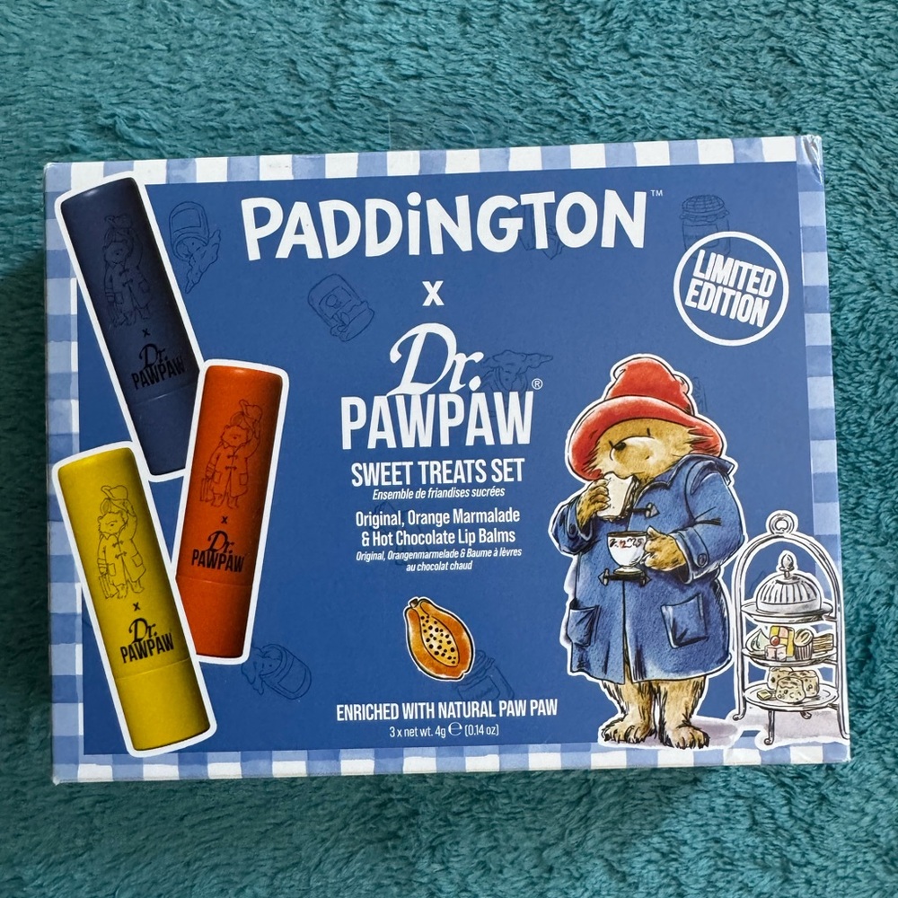 The Dr.PAWPAW Sweet Treats lip balm set 3 options inspired by Paddington